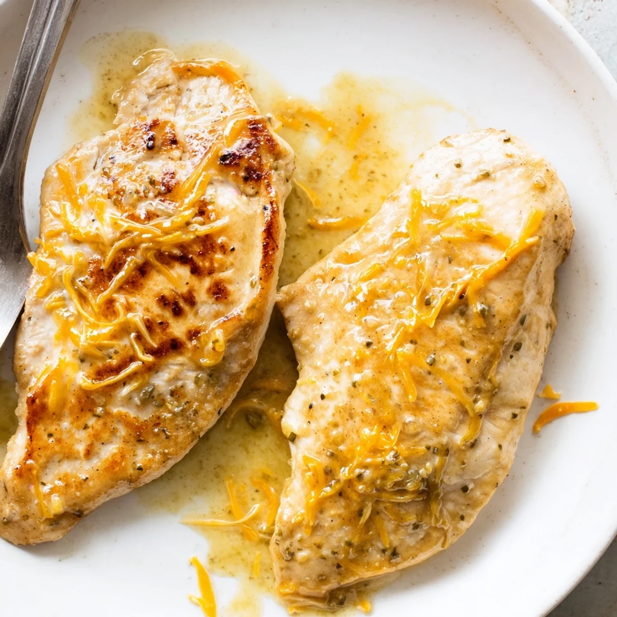 Chicken With Cheese Sauce: seared golden breasts smothered in silky cheddar sauce