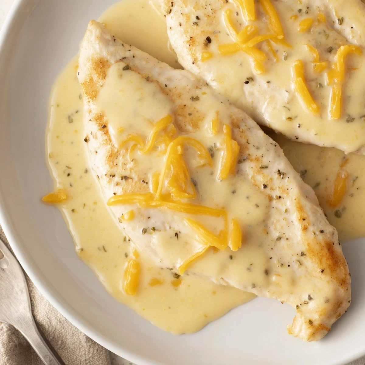 Oven-baked Chicken With Cheese Sauce, browned edges and velvety garlic mustard flavor