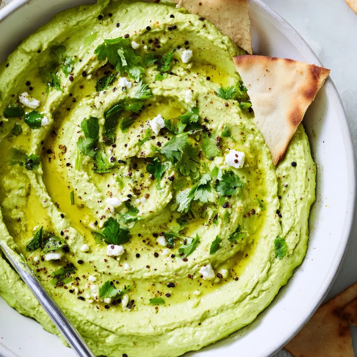 Creamy Avocado Feta Dip in bowl, silky texture, drizzled olive oil