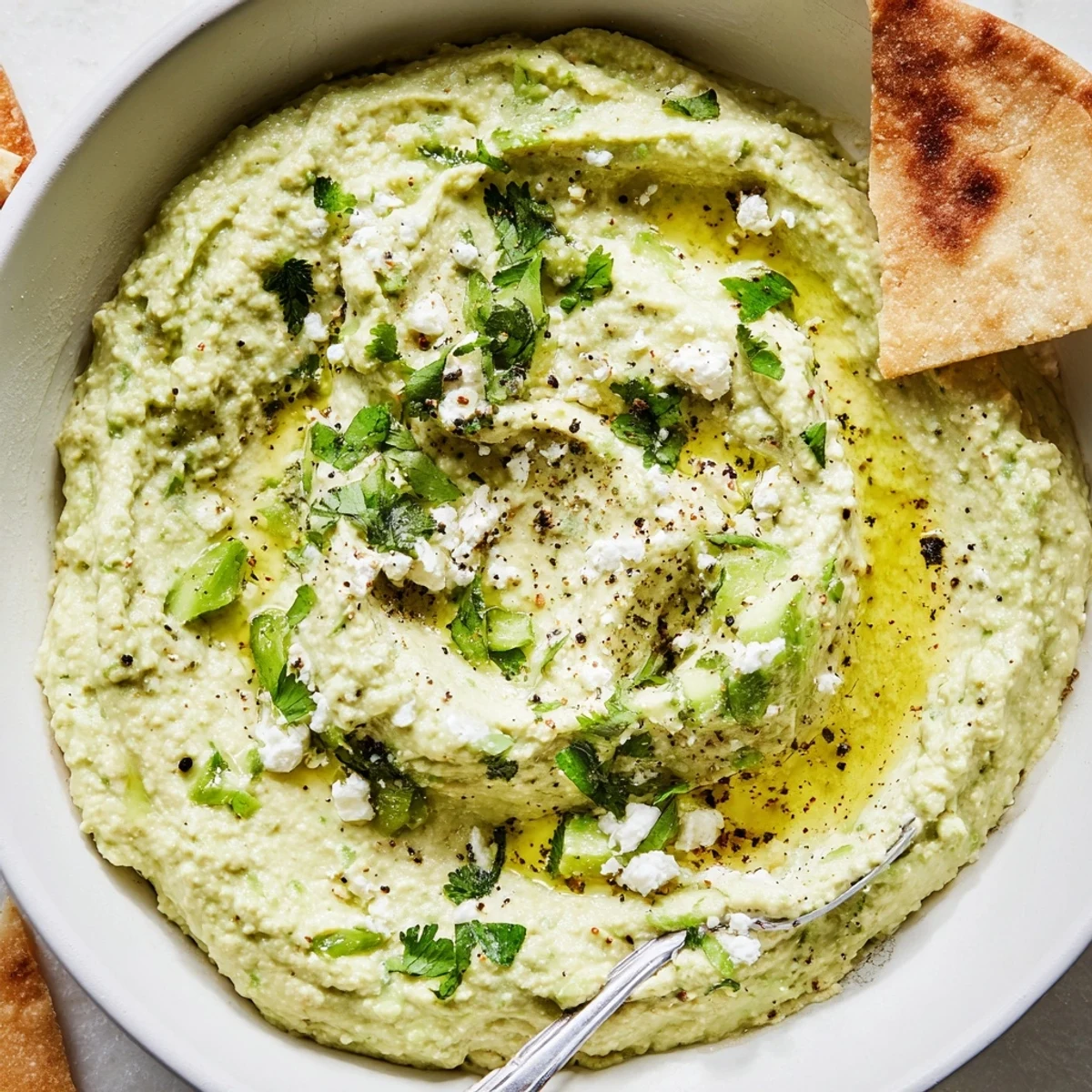 Creamy Avocado Feta Dip garnished with cilantro, lime wedge, coarse pepper