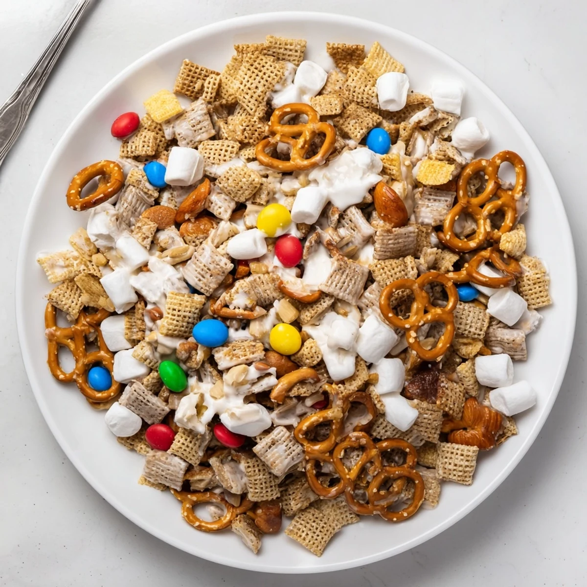 Crunchy White Trash Snack Mix with pretzels, peanuts, marshmallows, sweet white chocolate