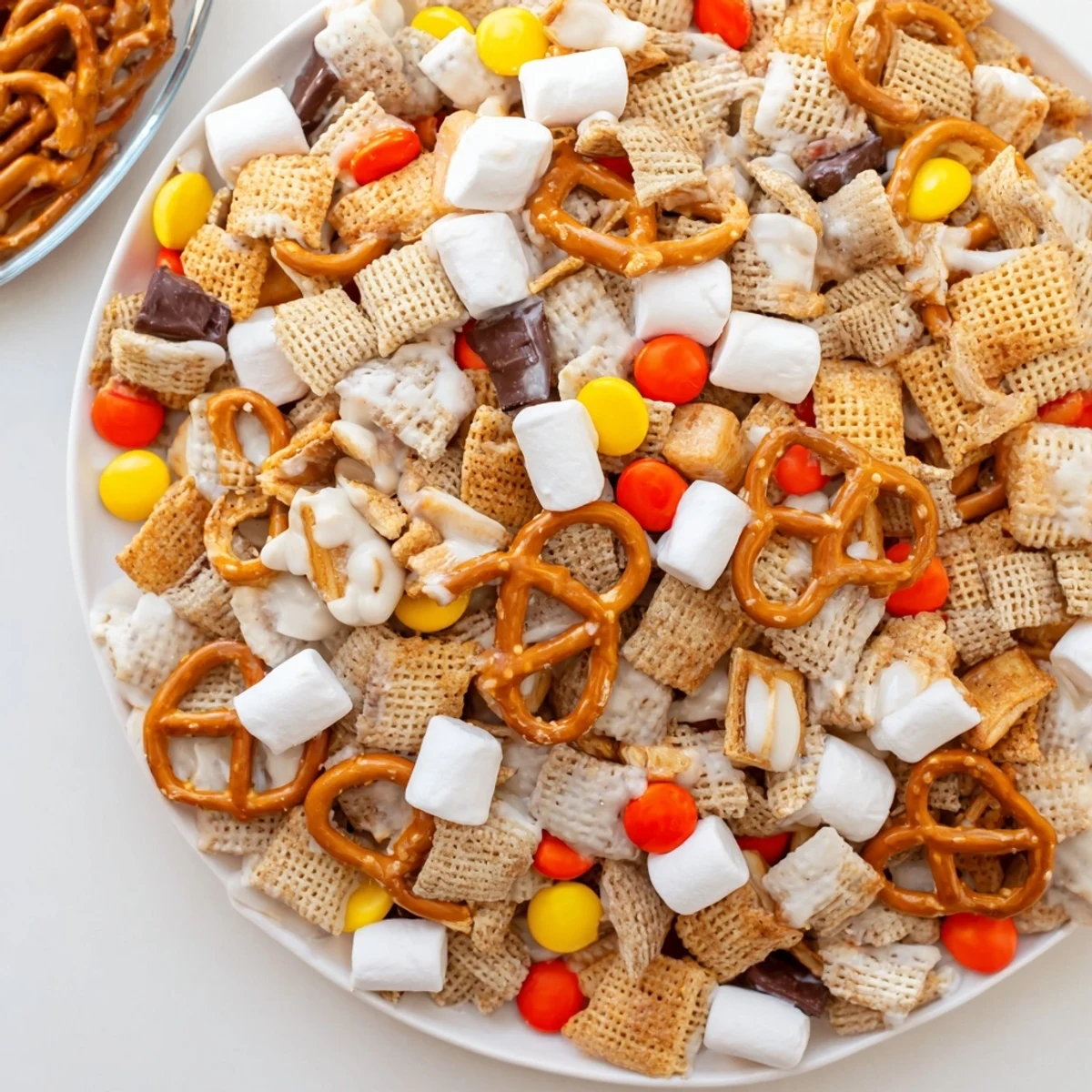 White Trash Snack Mix piled on parchment, glossy white chocolate coating, party-ready