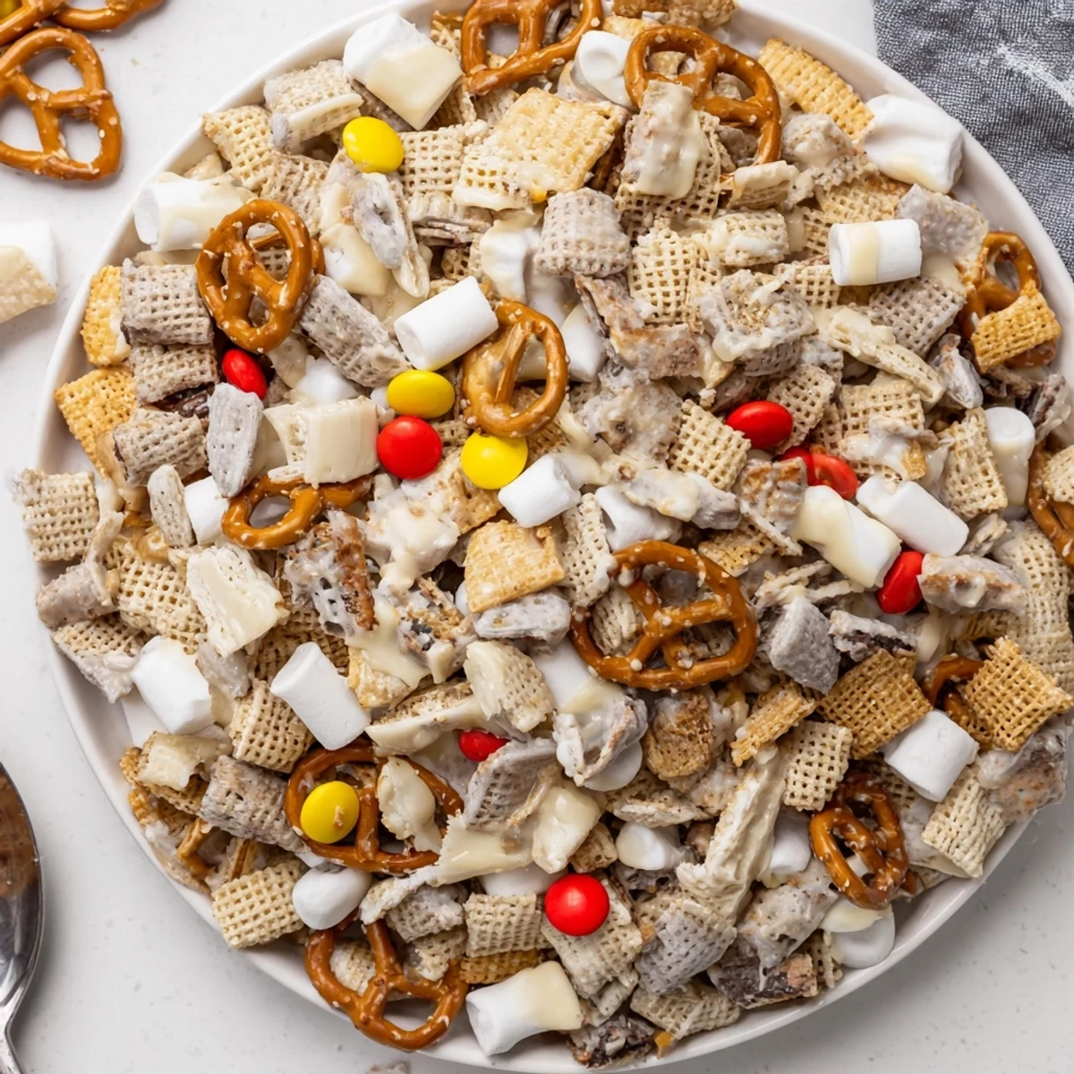 Handful of White Trash Snack Mix broken into clusters, perfect for sharing