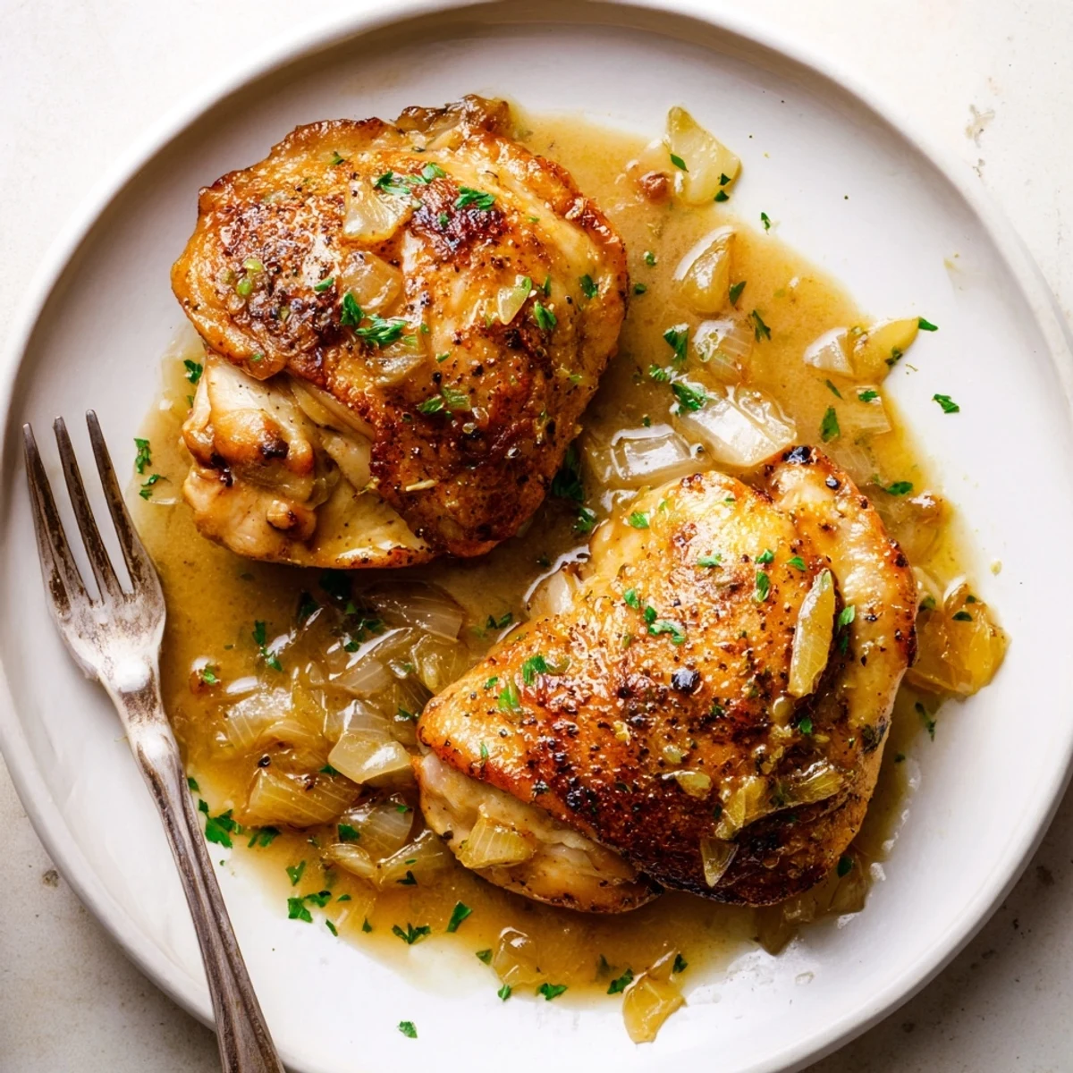 Savory Smothered Chicken Thighs nestled in onion-rich gravy over creamy mashed potatoes