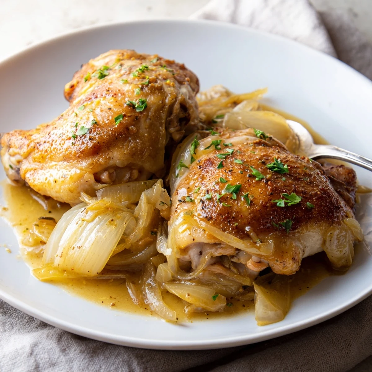 Hearty Savory Smothered Chicken Thighs bathing in rich gravy, perfect with buttered noodles