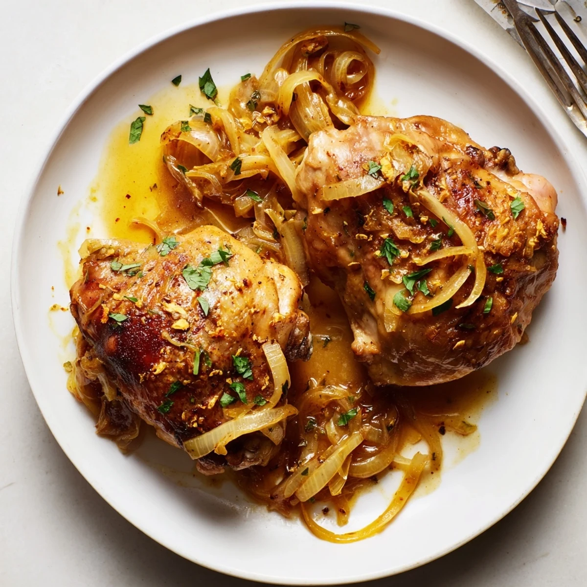 Pan-seared Savory Smothered Chicken Thighs glazed with caramelized onions and fresh herbs