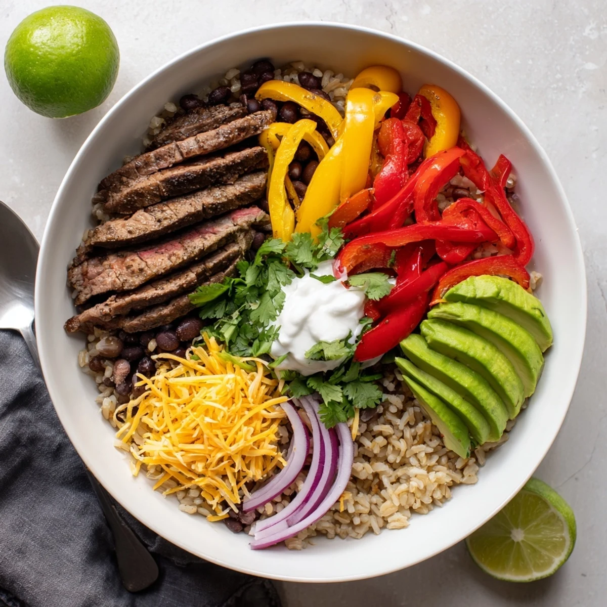 Steak Fajita Power Bowls with sizzling marinated steak, vibrant peppers, creamy avocado.