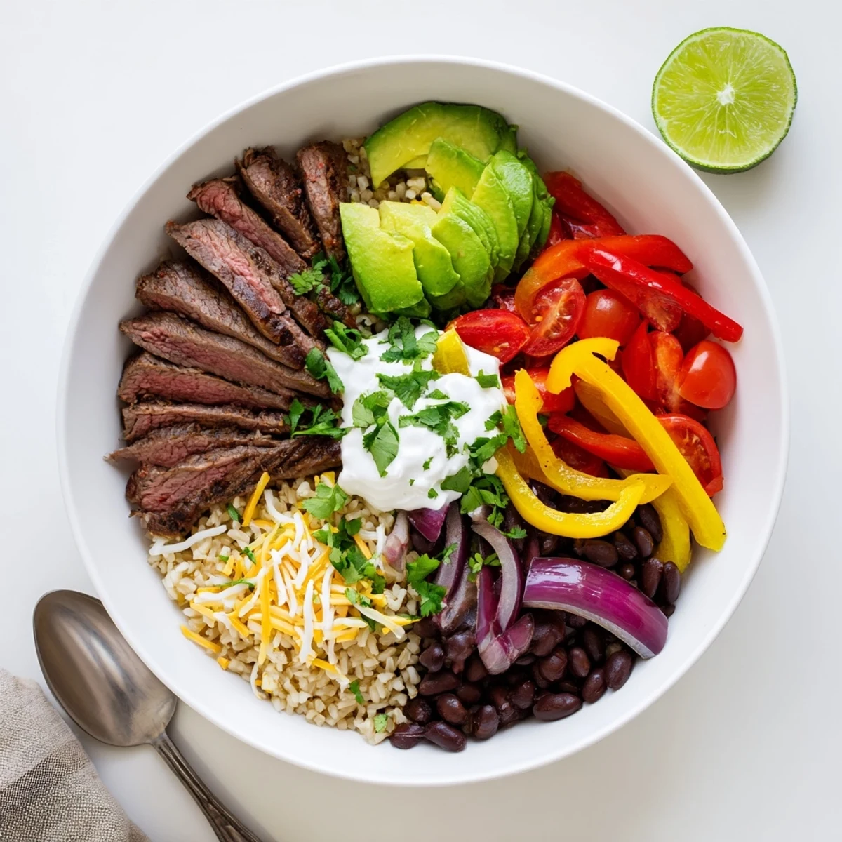 Steak Fajita Power Bowls layered over warm brown rice, zesty lime wedges.