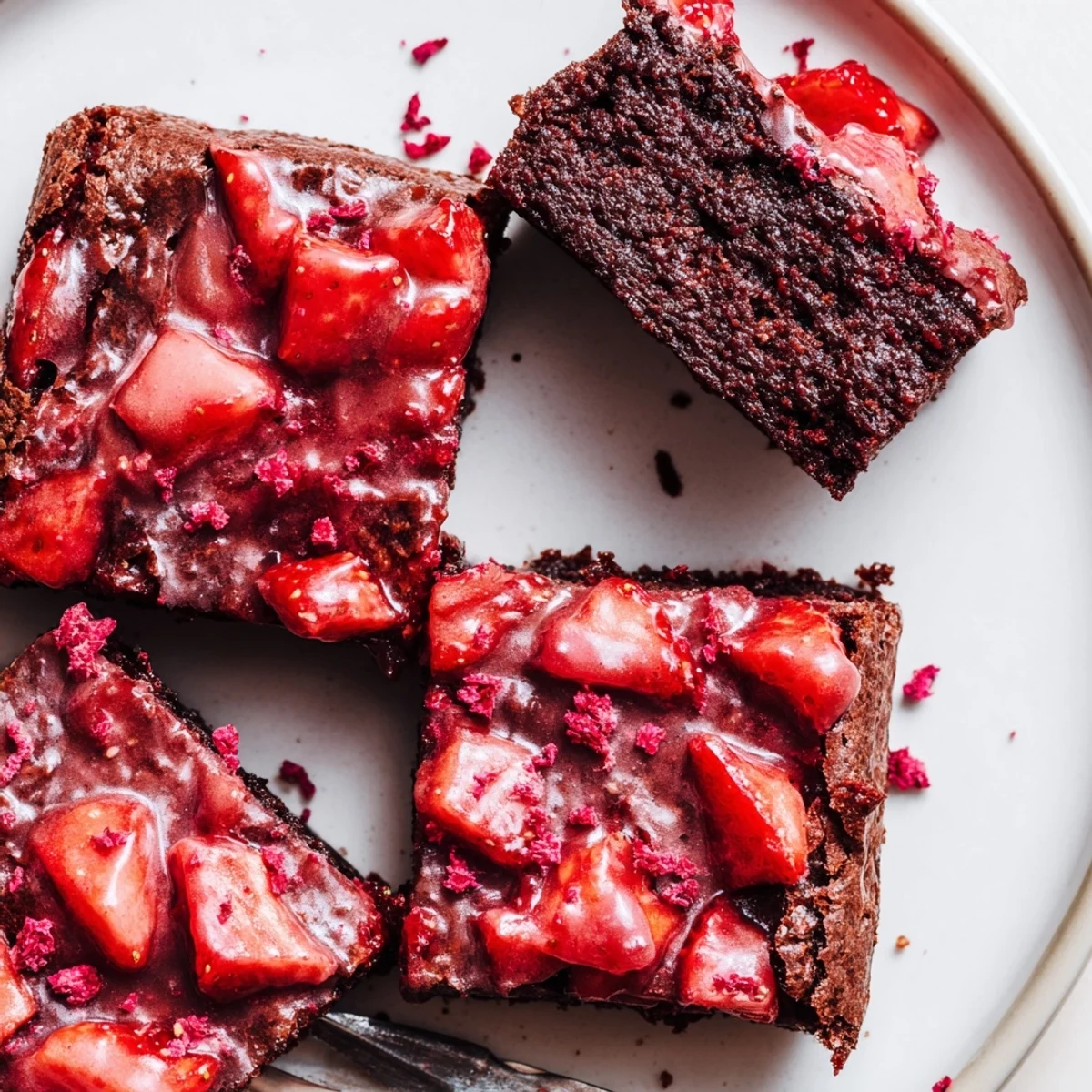 Warm, fudgy Strawberry Brownies Recipe cooling on parchment, glossy pink glaze
