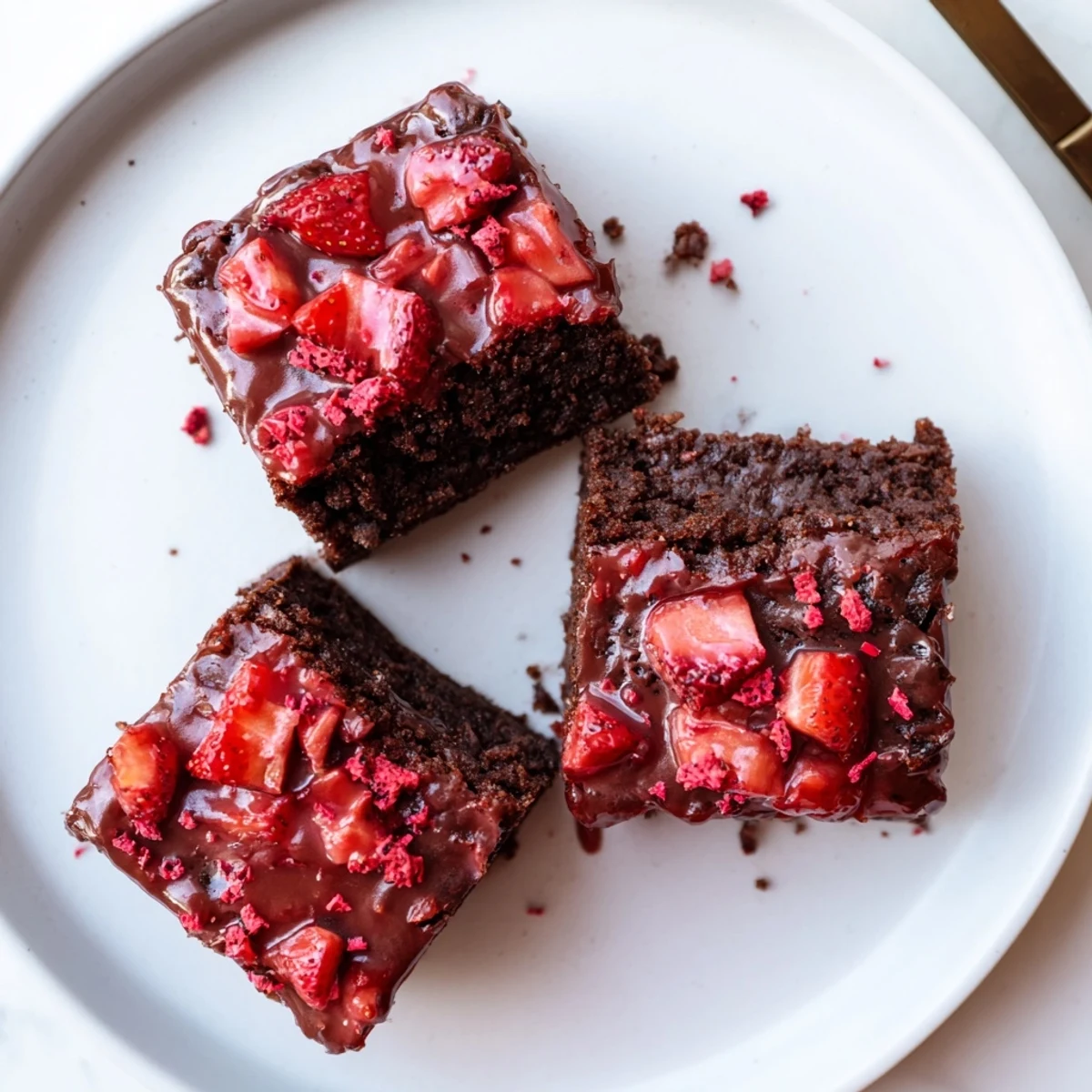 Sliced Strawberry Brownies Recipe served with whipped cream and fresh berries