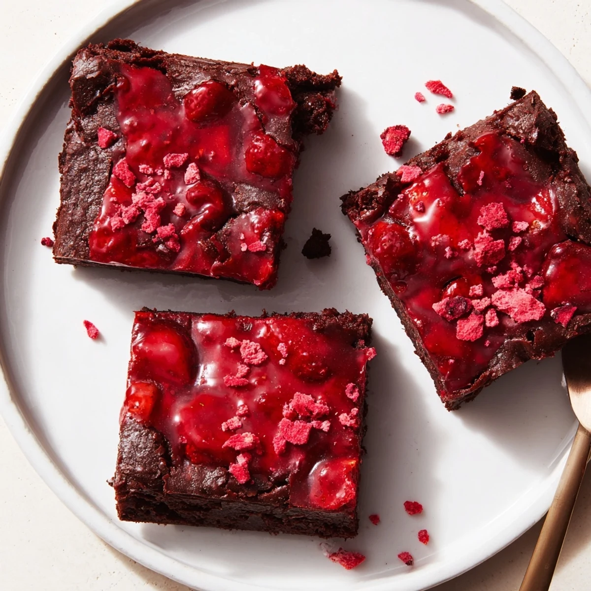 Close-up of dense, chocolatey Strawberry Brownies Recipe drizzled with pink glaze