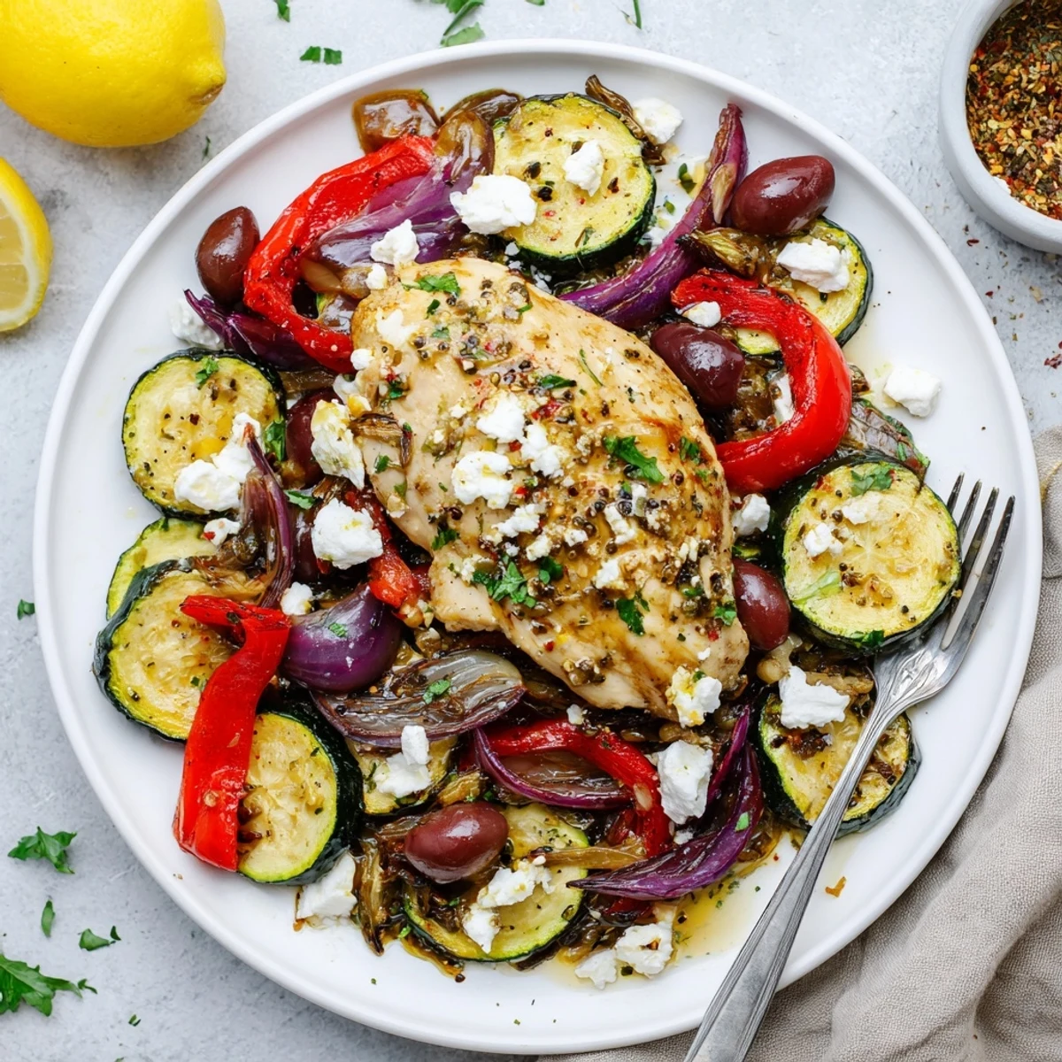Sheet Pan Mediterranean Chicken Zucchini sizzling with golden vegetables, lemony aroma