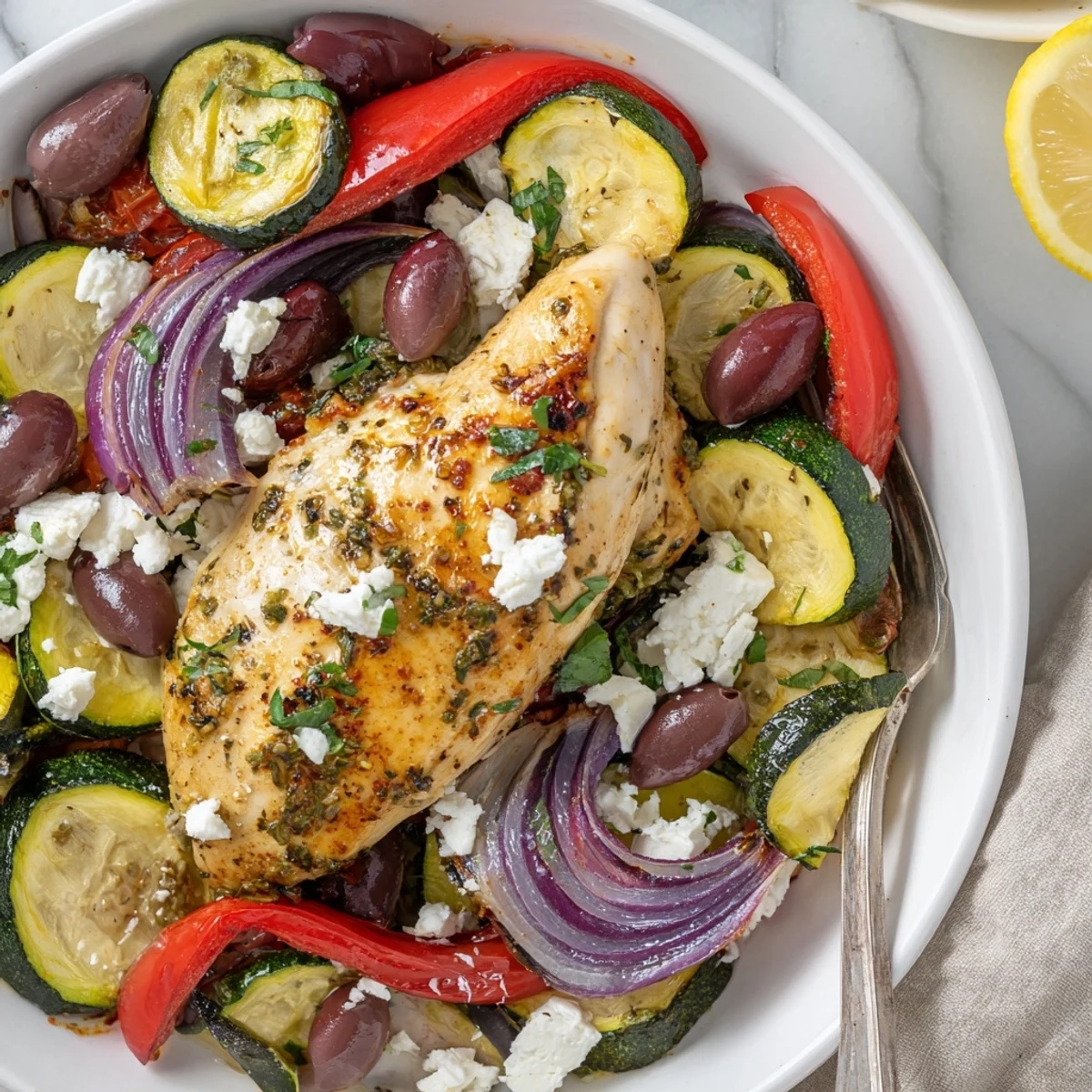 Sheet Pan Mediterranean Chicken Zucchini served straight from oven, juices spooned over