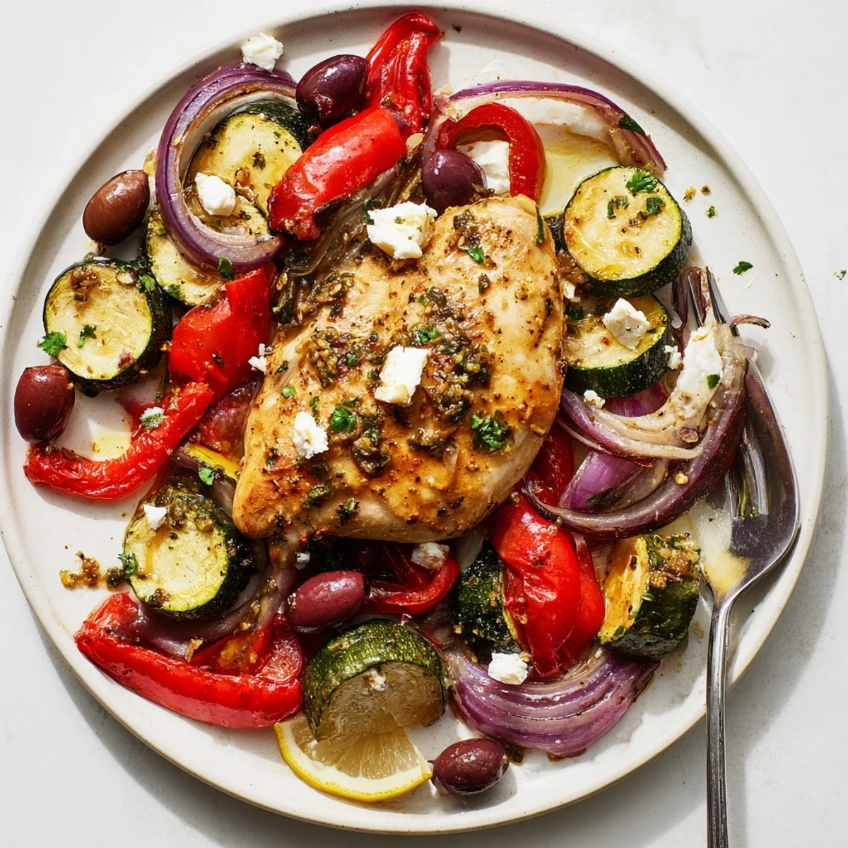Roasted Sheet Pan Mediterranean Chicken Zucchini topped with crumbled feta and parsley