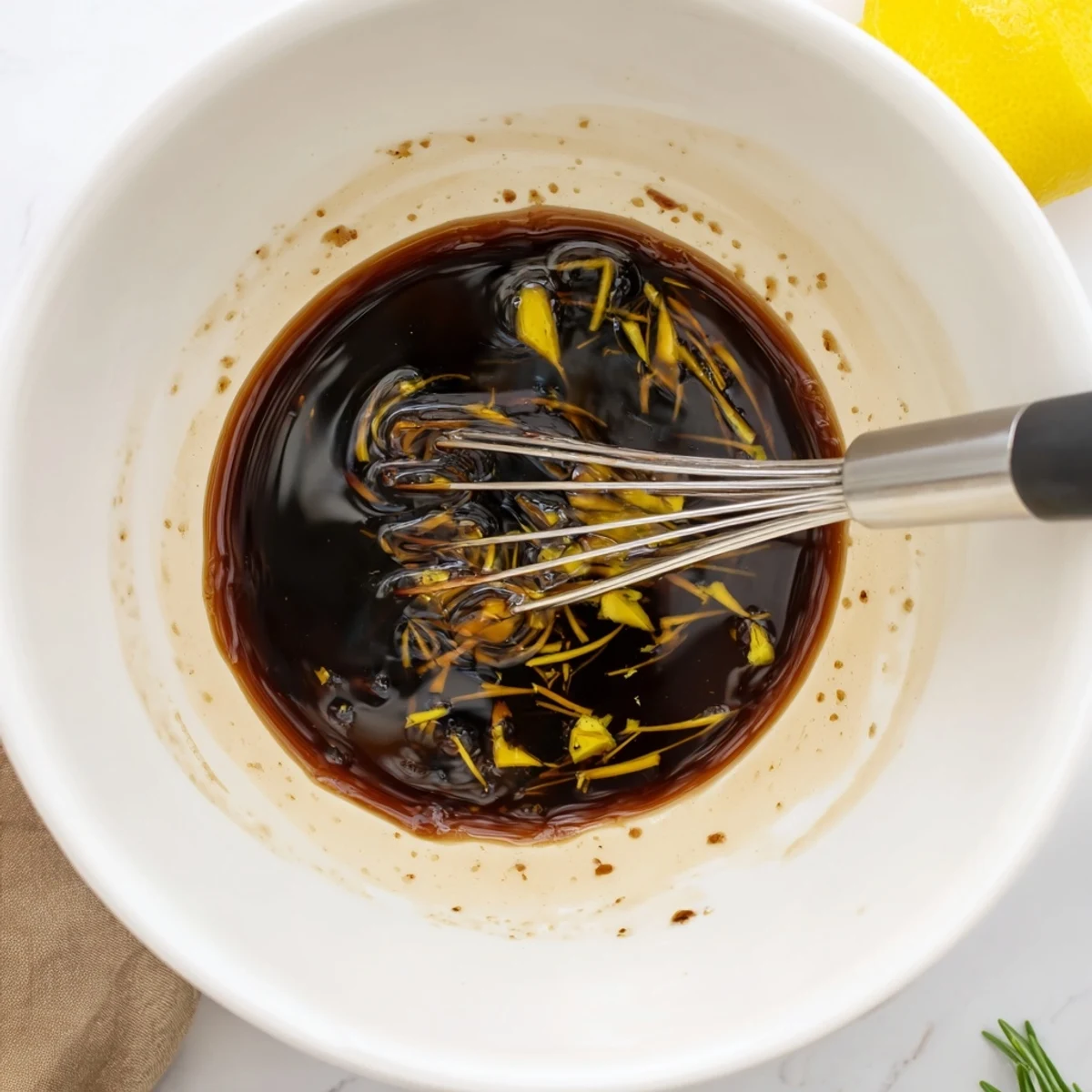 Homemade Steak Marinade in bowl with whisk, tangy balsamic and lemon.