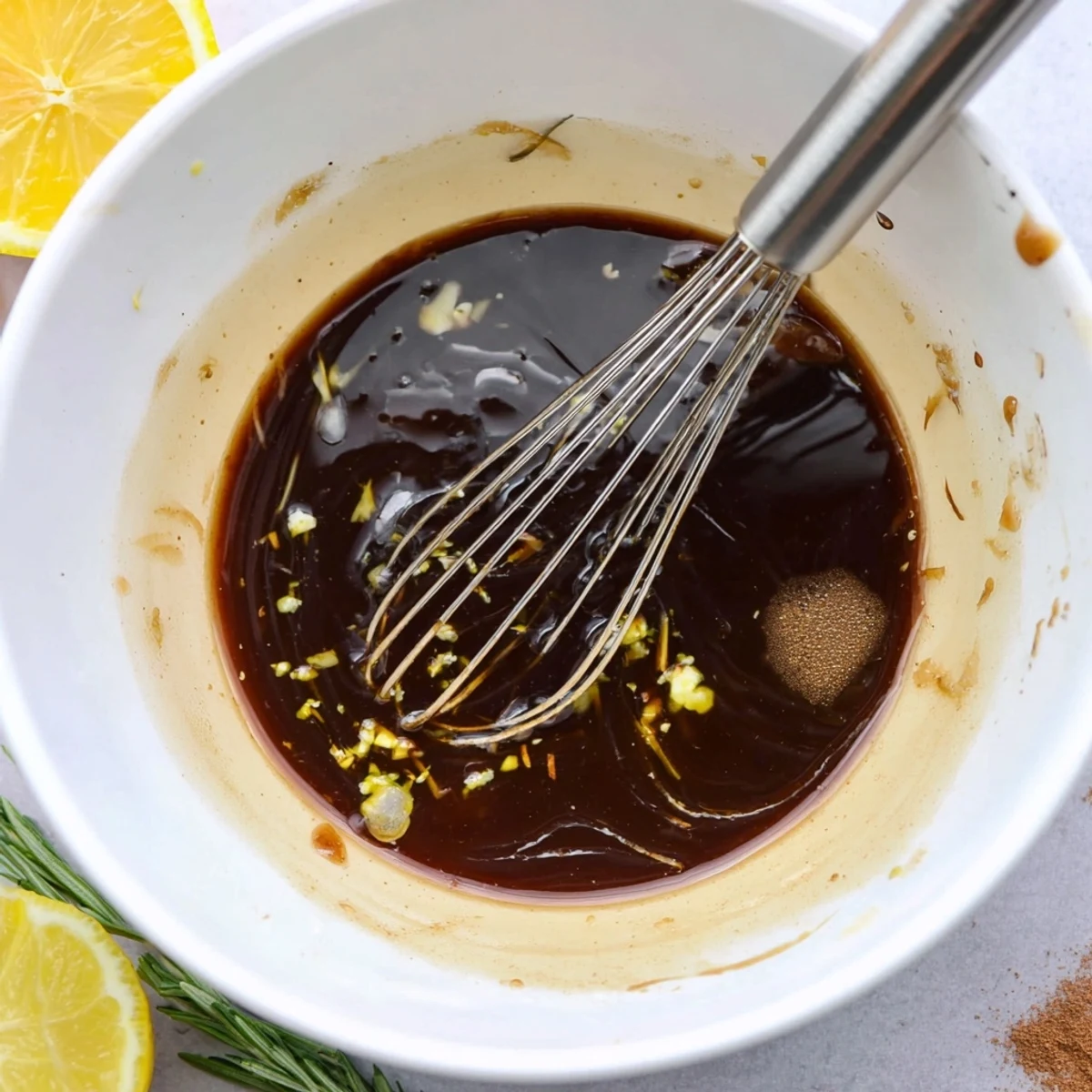 Steak Marinade glistening over raw ribeyes, garlic aroma and fresh rosemary.