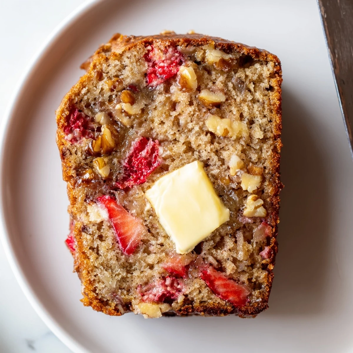 Sliced Strawberry Banana Bread Recipe on wire rack, moist crumb, flecks of strawberry