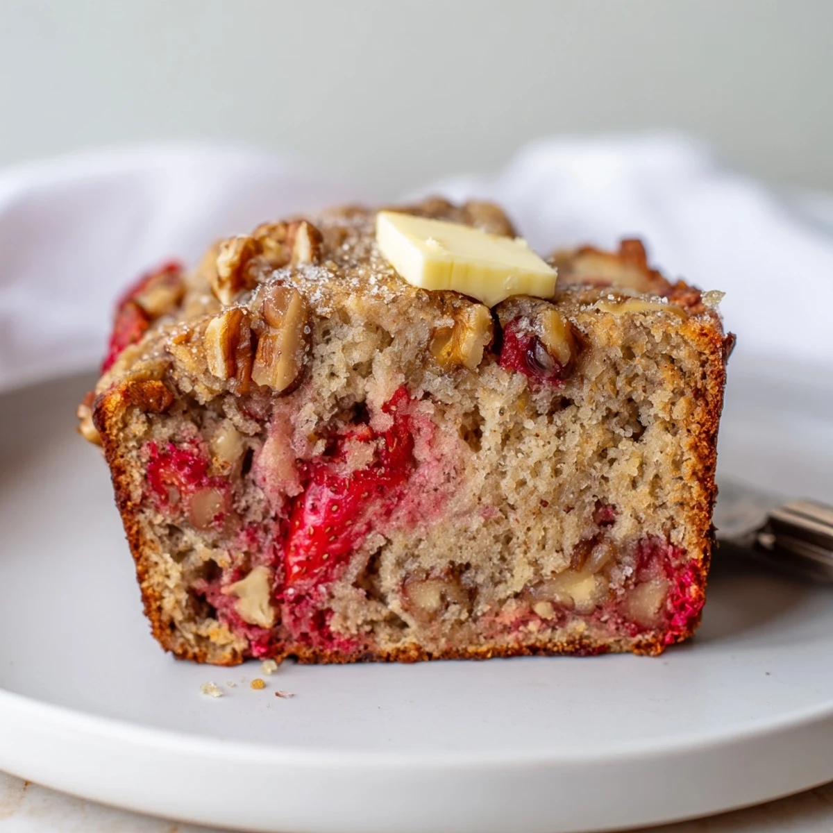 Golden-crusted Strawberry Banana Bread Recipe studded with strawberries and optional chopped nuts