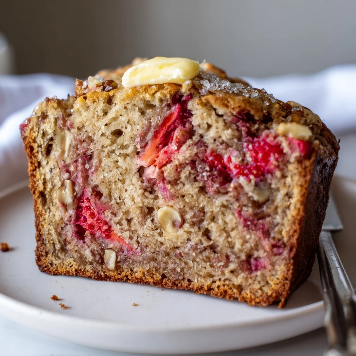 Warm Strawberry Banana Bread Recipe served with butter and honey drizzle, steaming
