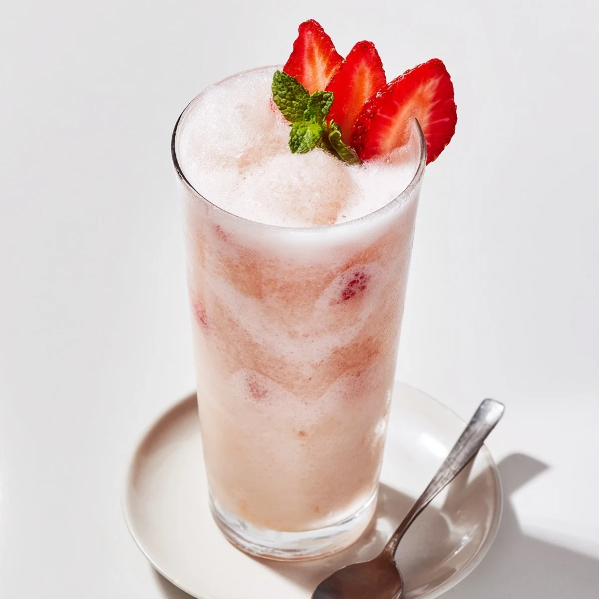 Strawberry Coconut Cooler Recipe: frothy pink drink with crushed ice and mint