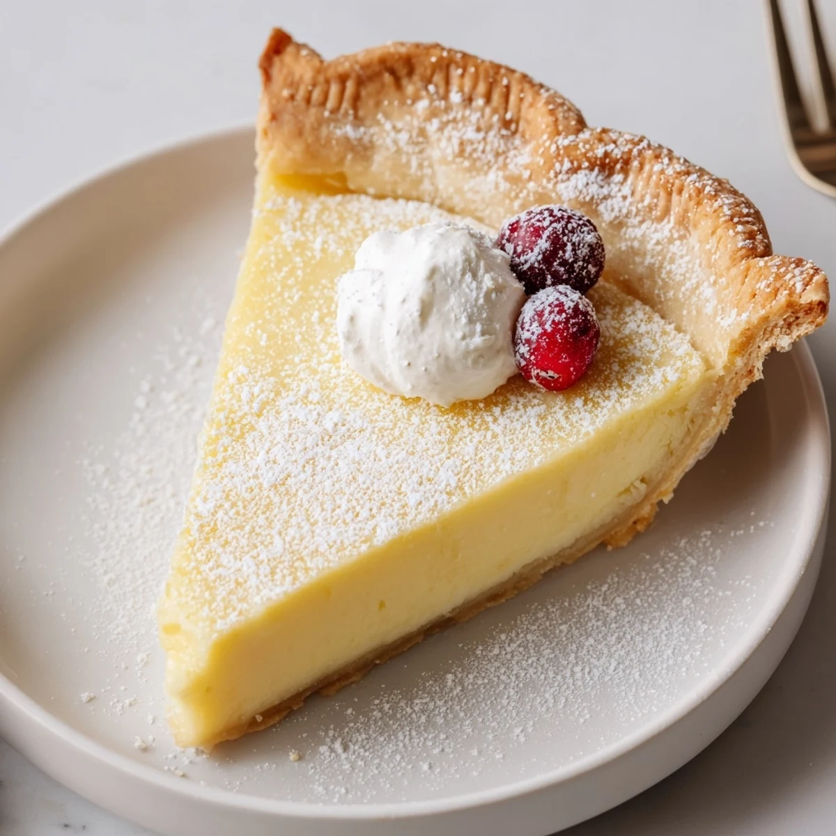 Christmas Eve Custard Pie With Cinnamon Vanilla, glossy golden filling and warm spice aroma