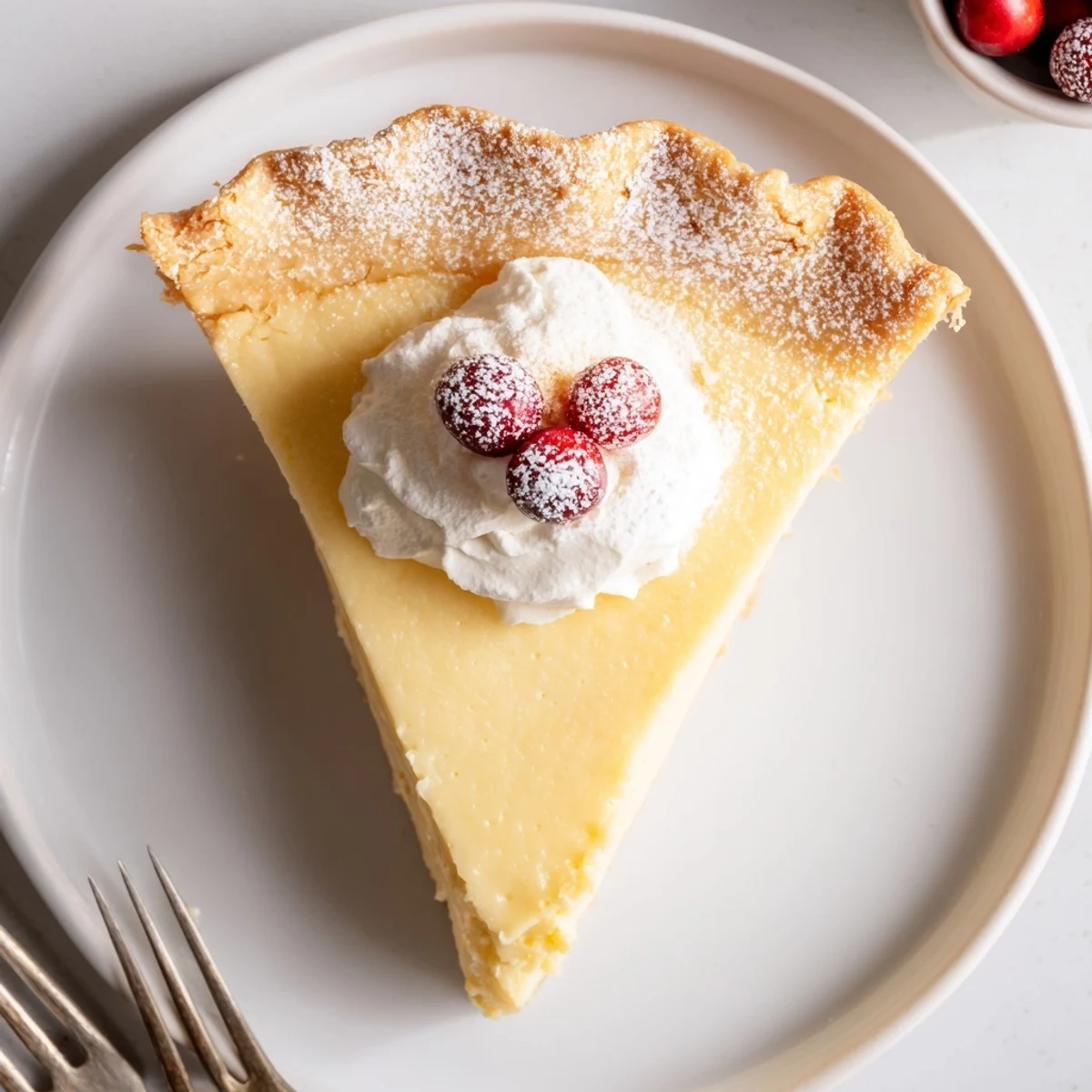 Christmas Eve Custard Pie With Cinnamon Vanilla served with whipped cream and sugared cranberries