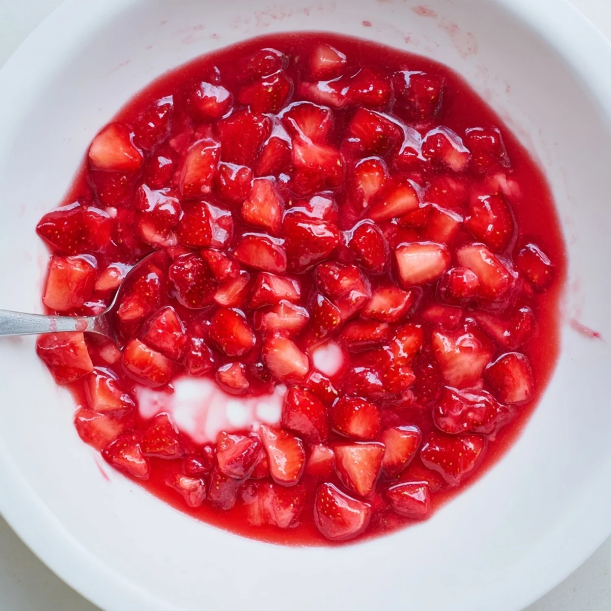 Warm Strawberry Cake Filling Recipe thickened to glossy finish, cooling for assembly