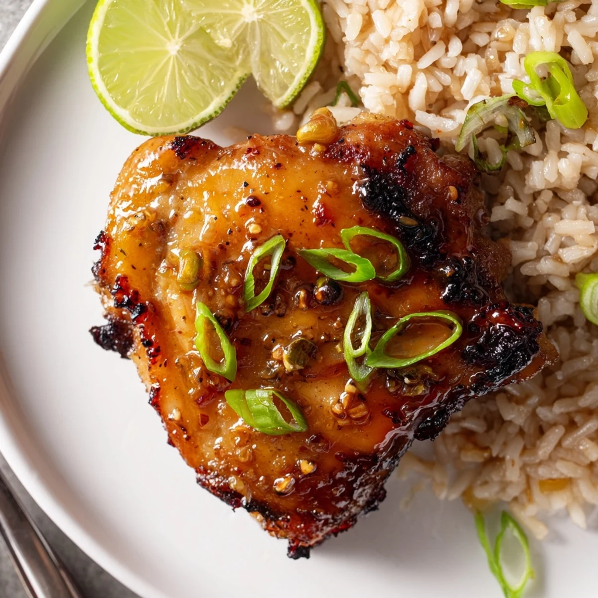 Oven-baked Caribbean Jerk Chicken And Rice, juicy thighs atop fragrant coconut and bean rice.