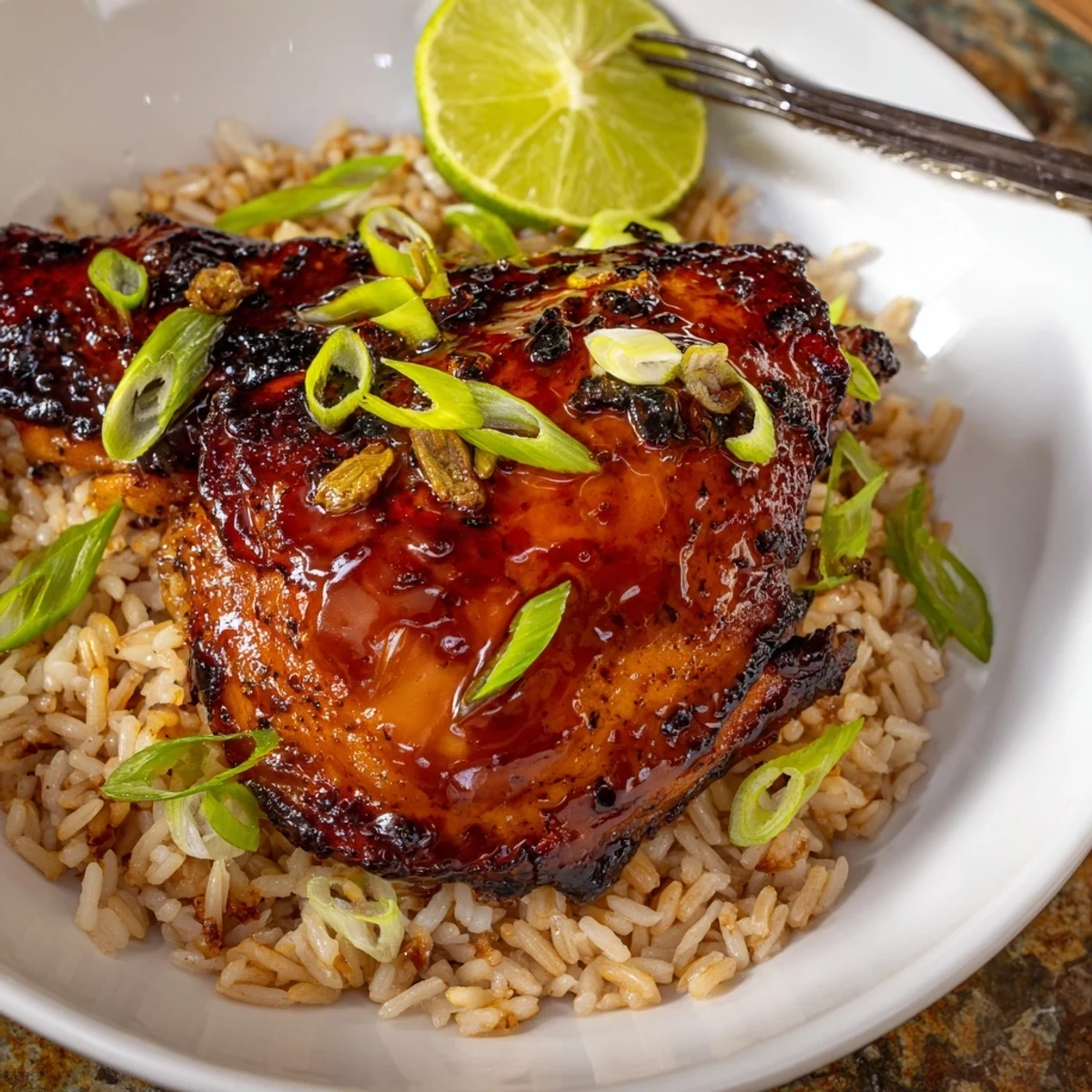 Plate of Caribbean Jerk Chicken And Rice, smoky aroma, served with fried plantains.