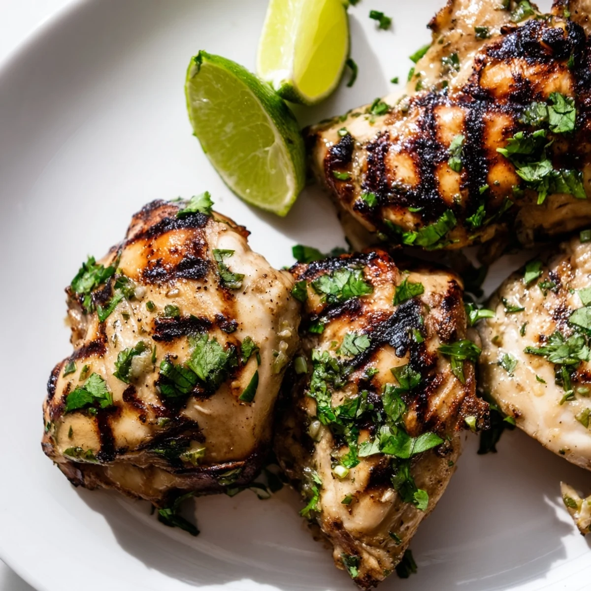 Golden grilled cilantro lime chicken thighs with charred edges and fresh herb garnish on a white serving platter