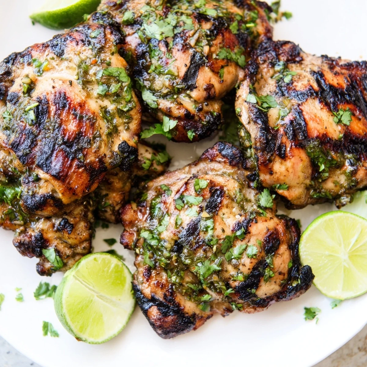 Juicy marinated chicken thighs sizzling on outdoor grill racks with zesty lime and cilantro flavors