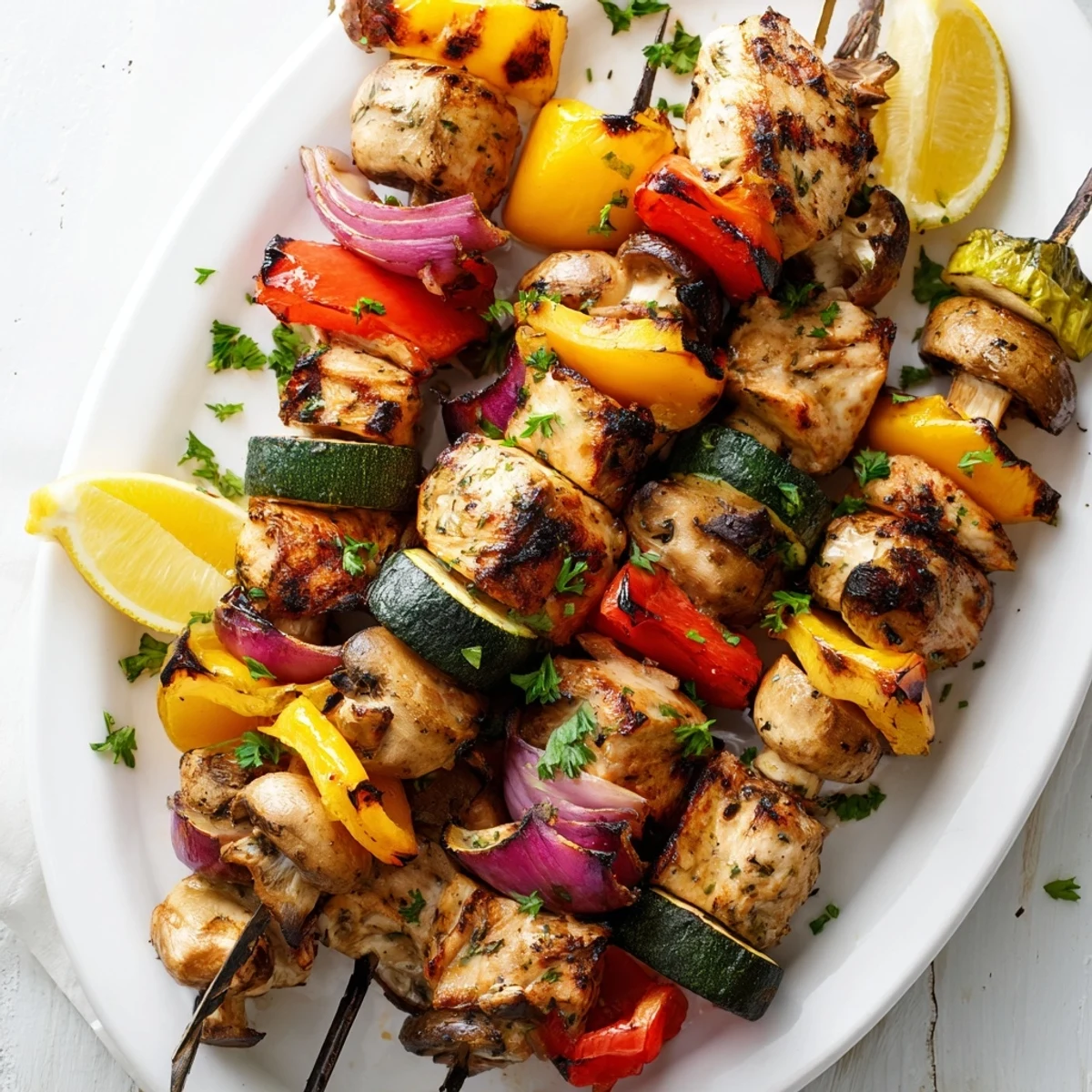 Colorful grilled chicken kabobs with vegetables recipe on a white serving platter