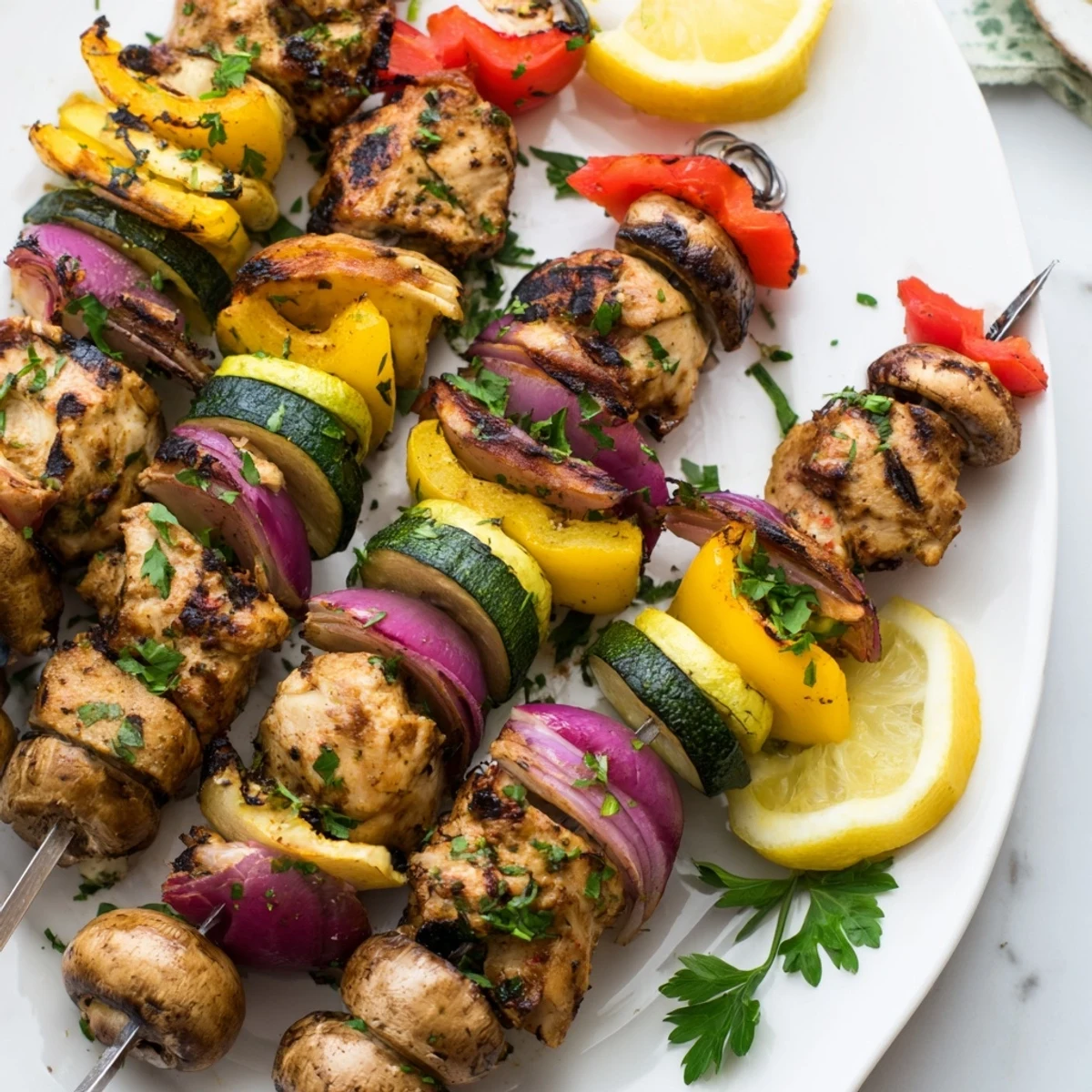 Mediterranean grilled chicken kabobs with vegetables recipe featuring charred peppers and zucchini