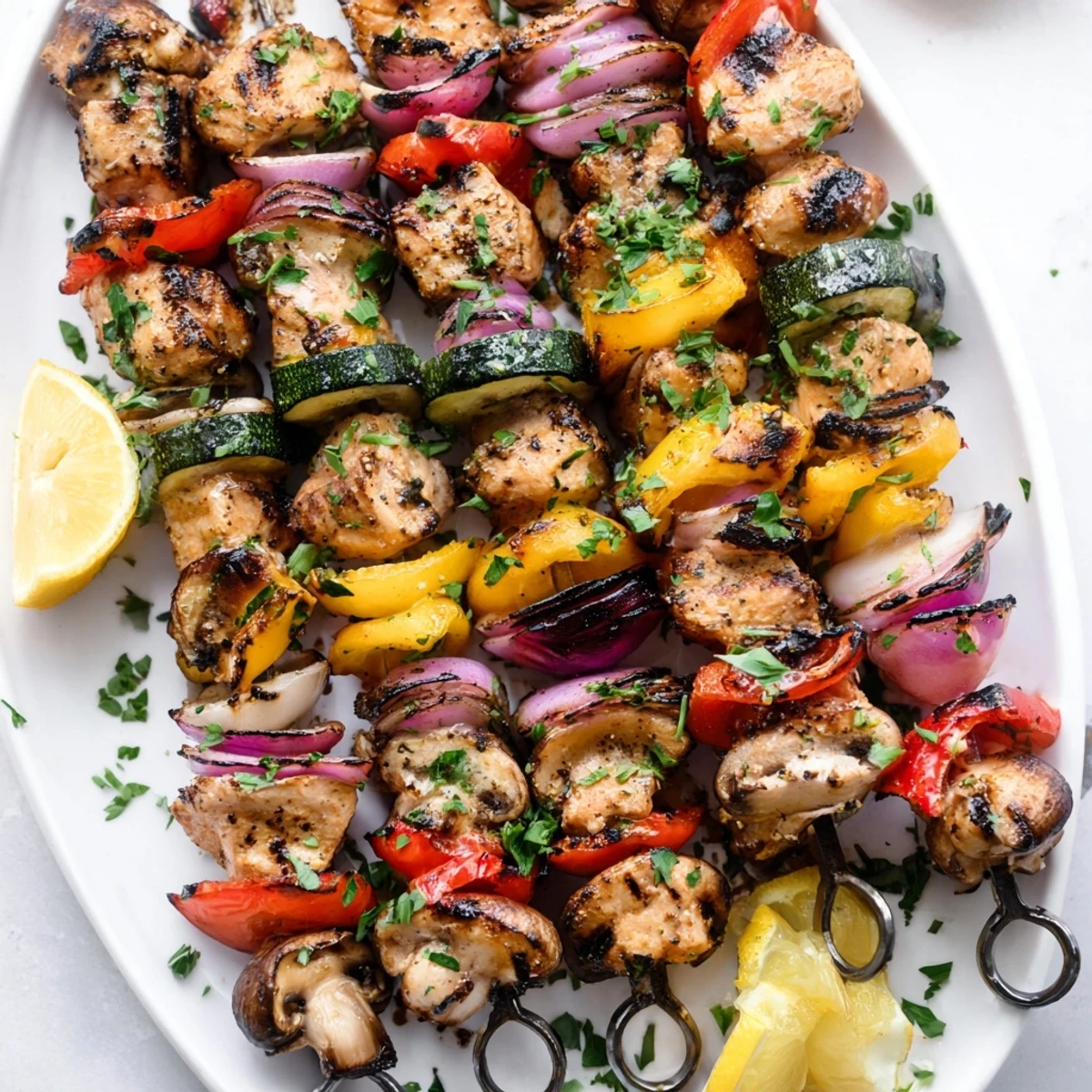 Juicy grilled chicken kabobs with vegetables recipe arranged on skewers with fresh herbs