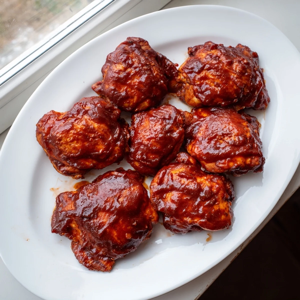 Golden brown BBQ chicken thighs glazed with smoky tangy sauce on a white platter