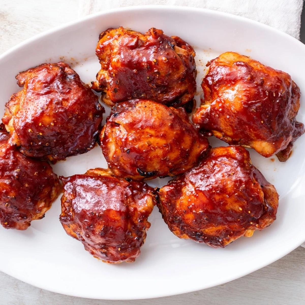 Tender oven-baked BBQ chicken thighs brushed thickly with sweet smoky barbecue sauce