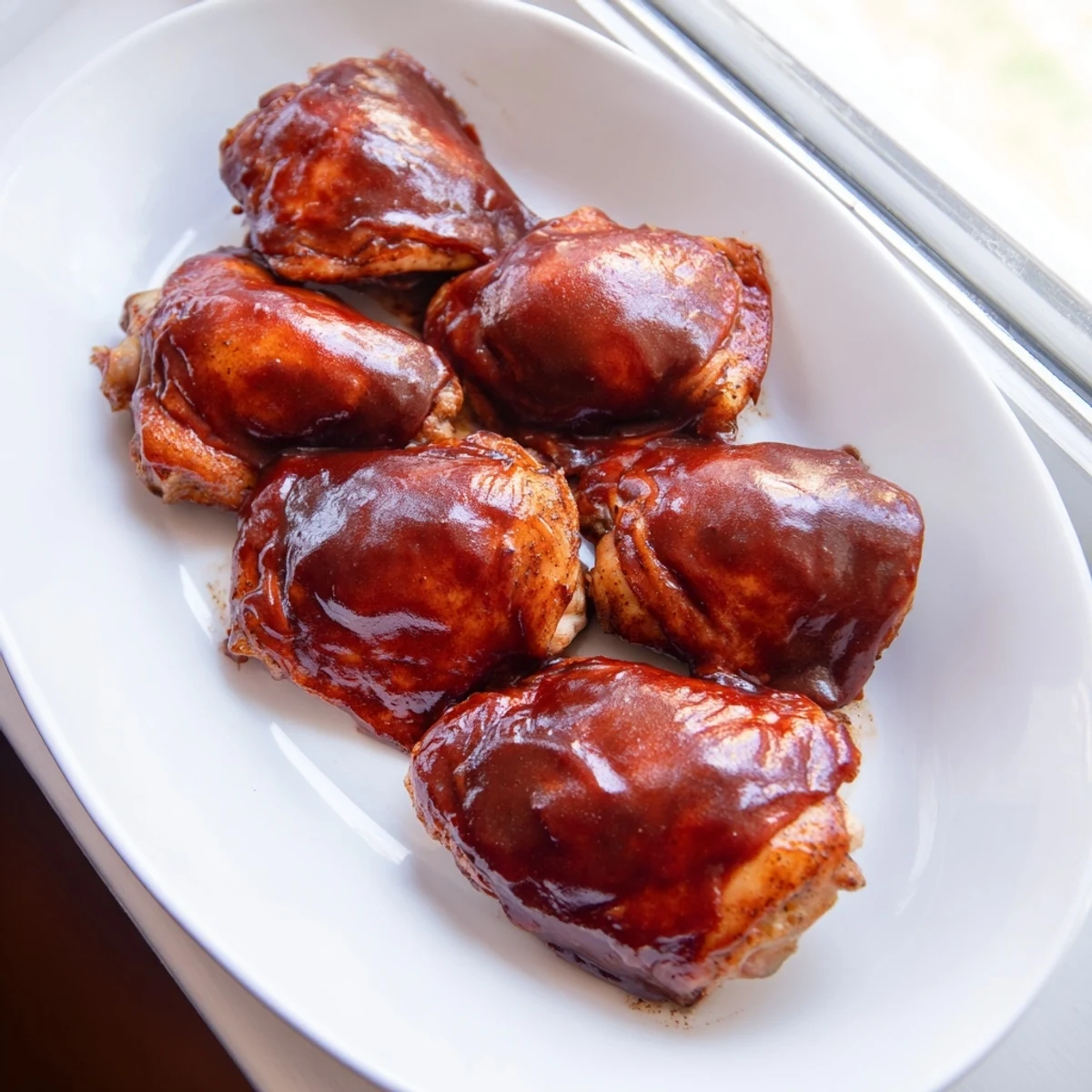 Juicy grilled BBQ chicken thighs with charred edges and rich barbecue coating