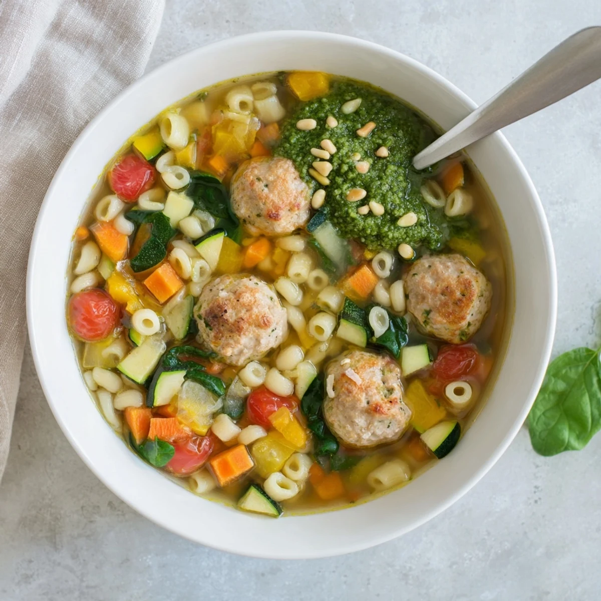 Steaming bowl of Summer Pesto Mini Meatball Soup topped with vibrant green basil swirl and fresh vegetables