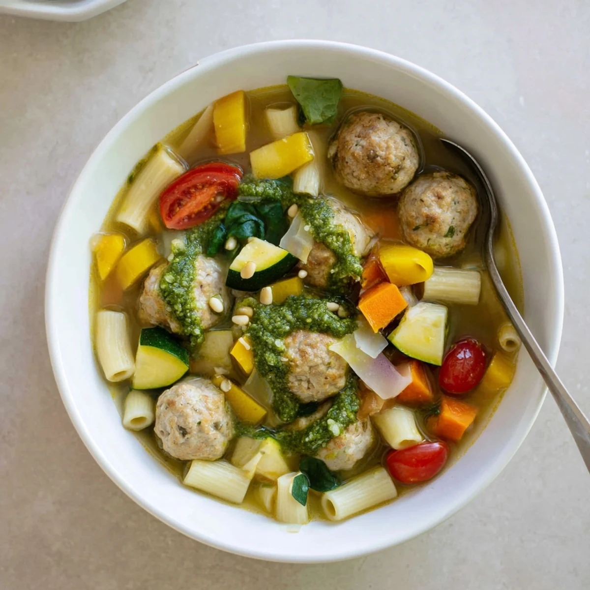 Golden brown chicken mini meatballs floating in Italian vegetable broth with bright green pesto drizzled on top