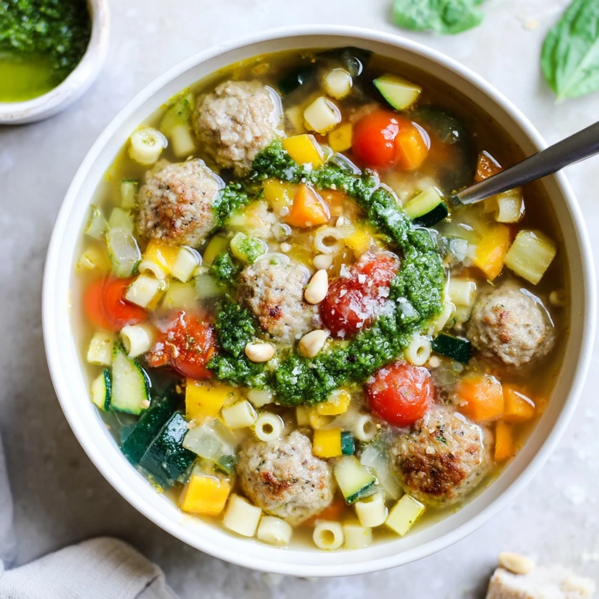 Hearty bowl of Summer Pesto Mini Meatball Soup featuring tender meatballs, zucchini, cherry tomatoes, and fresh baby spinach