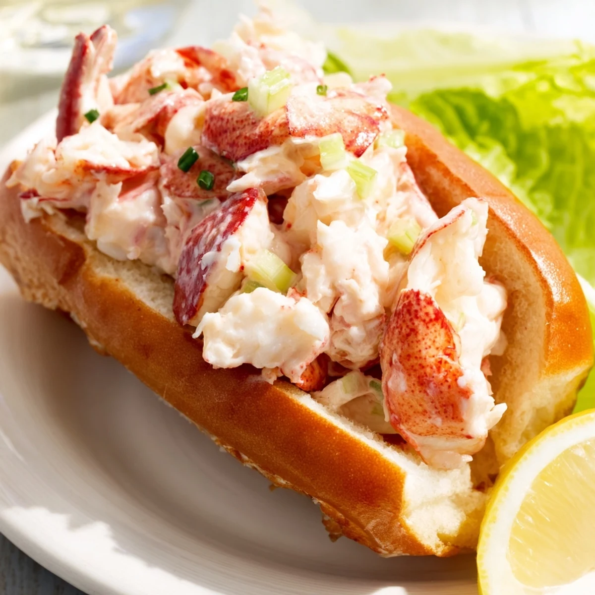 Golden toasted split-top bun piled high with creamy Maine style lobster rolls salad and fresh herbs