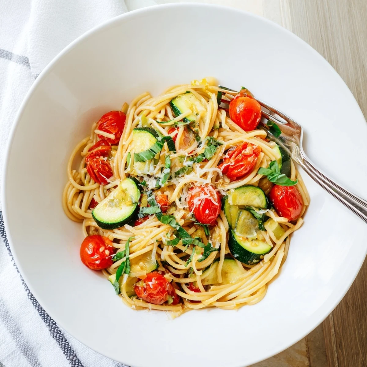 Light and healthy tomato zucchini pasta with colorful vegetables and grated Parmesan topping