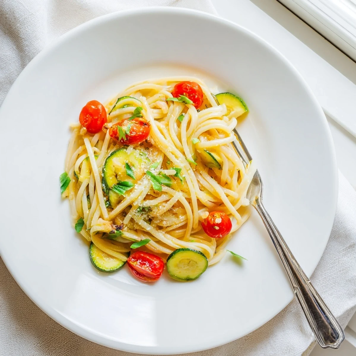 Golden strands of tomato zucchini pasta tossed with fresh basil in a white bowl