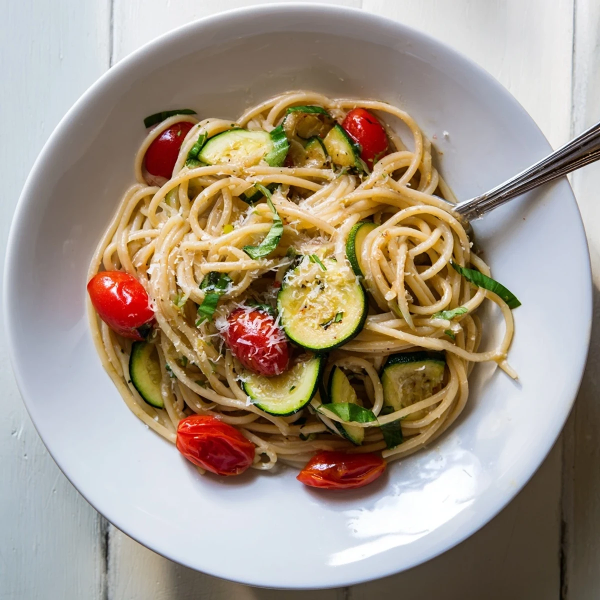 Vibrant tomato zucchini pasta dish featuring al dente noodles and summer vegetables