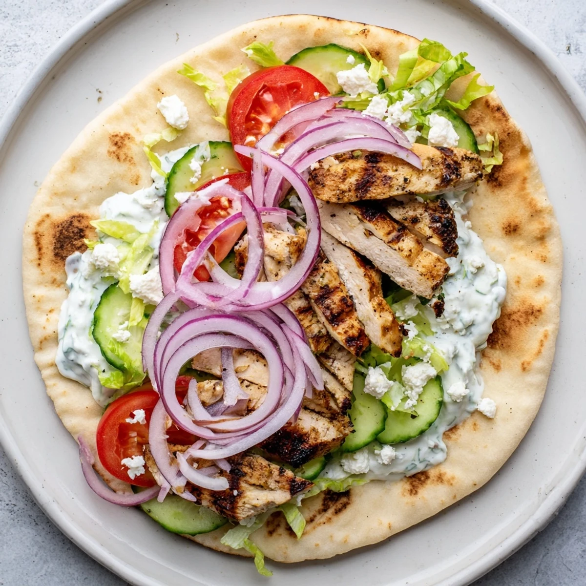 Golden brown Greek grilled chicken pita wrapped with crisp vegetables and creamy tzatziki sauce