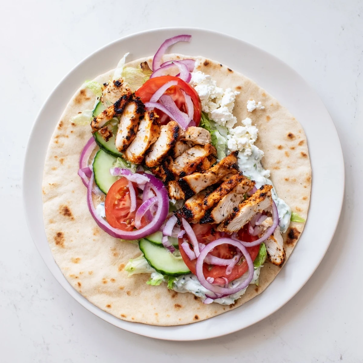 Juicy marinated chicken stuffed inside warm pita bread with fresh tomatoes and cucumber slices