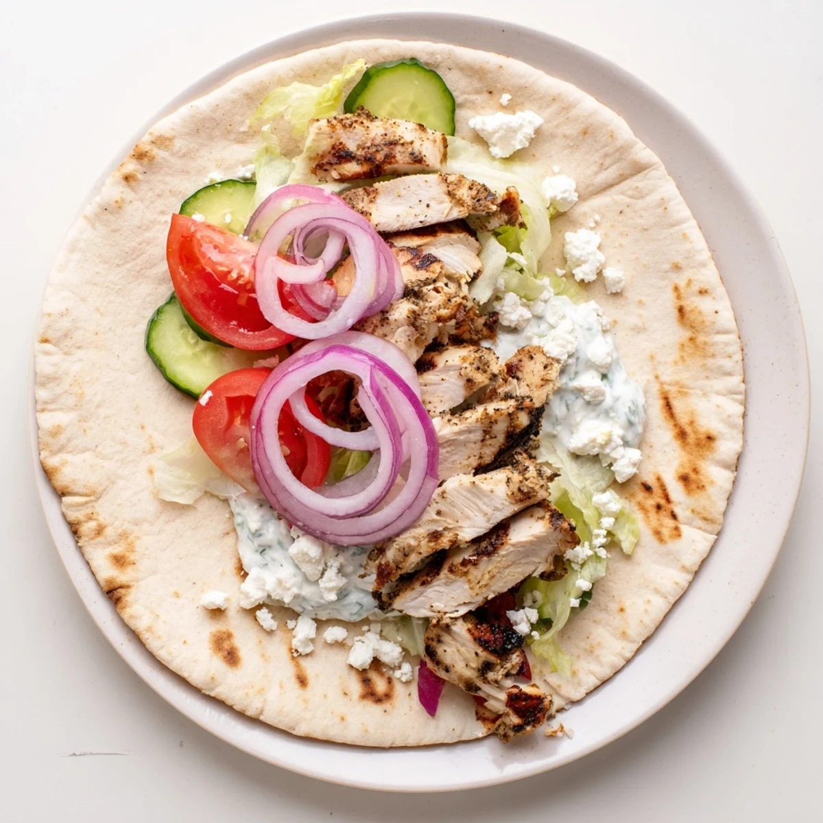 Mediterranean-style Greek grilled chicken pita overflowing with shredded lettuce red onion and tangy yogurt sauce