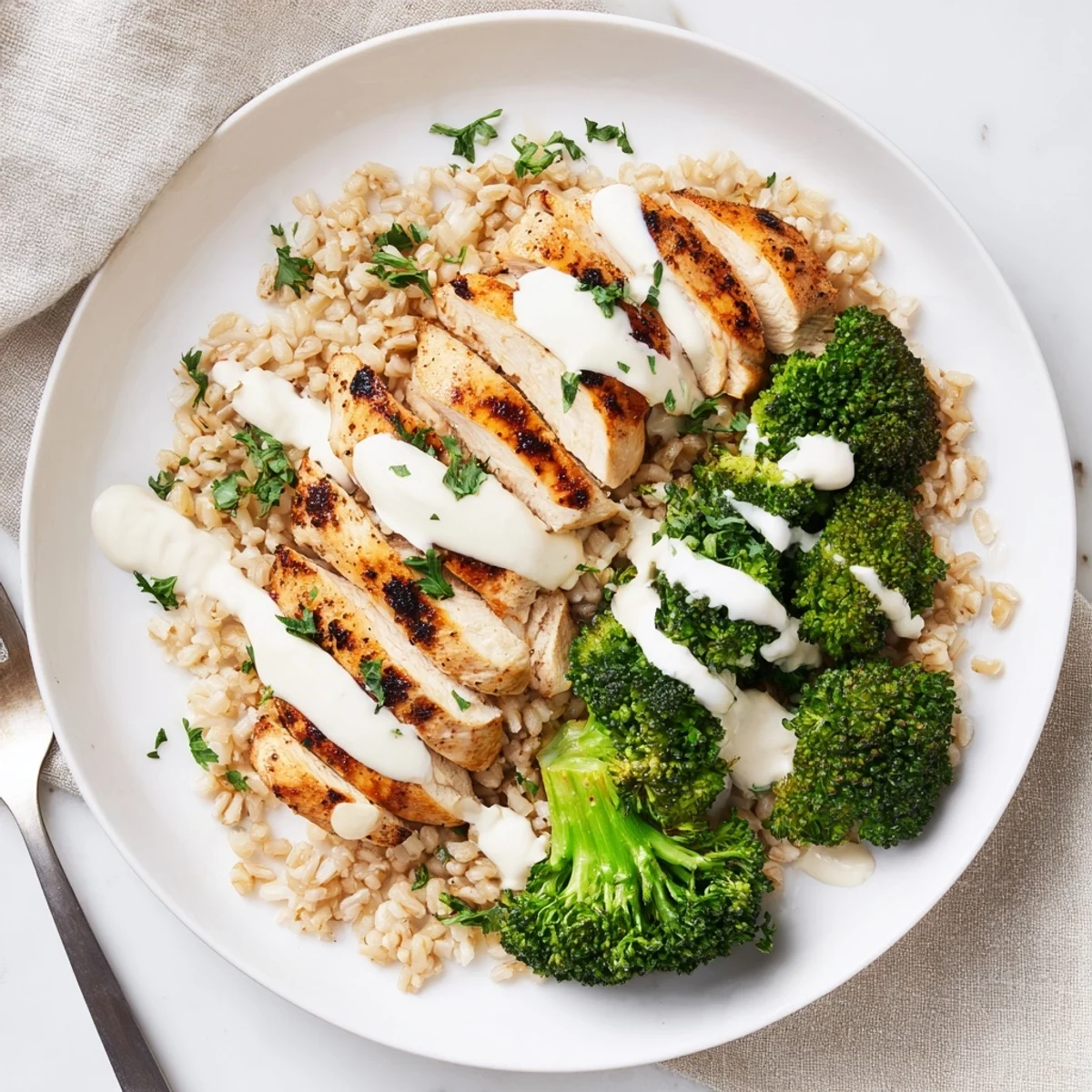 Sliced seasoned grilled chicken served with crisp-tender broccoli in a bowl with velvety garlic cream dressing