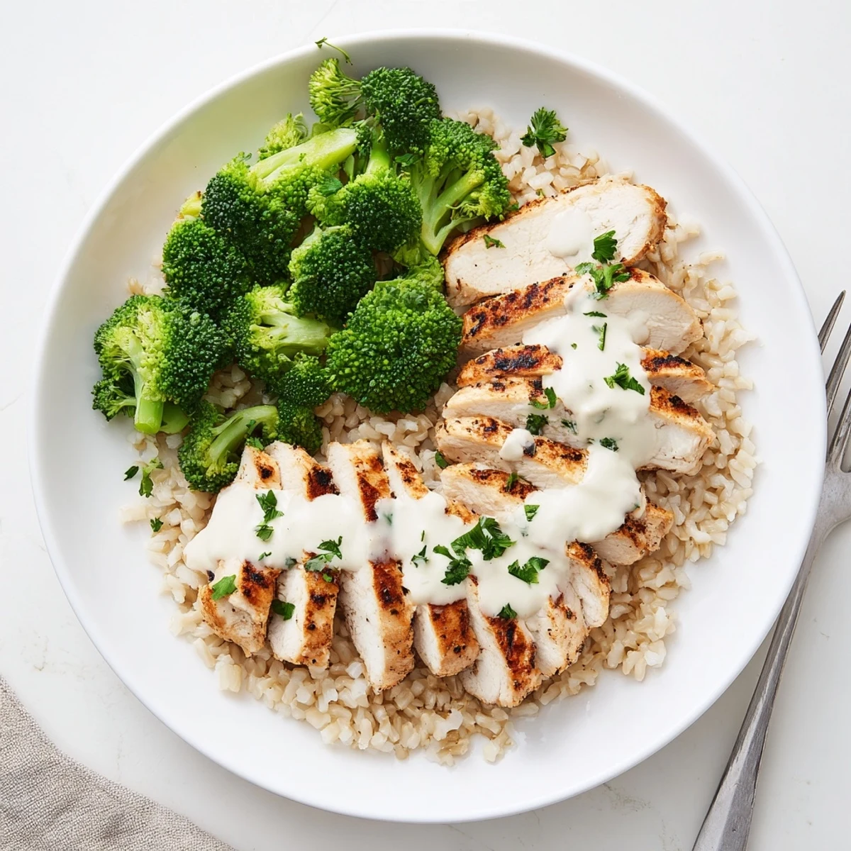 Nutritious grilled chicken and broccoli bowl topped with luscious garlic yogurt sauce over wholesome grains