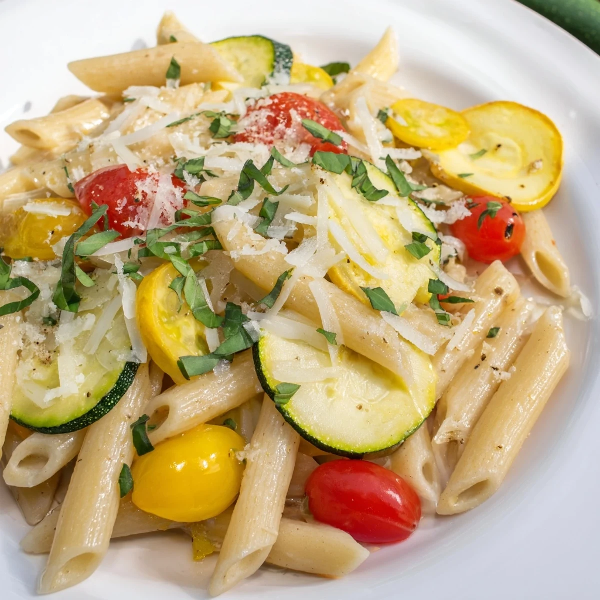 Golden summer squash pasta skillet simmering with cherry tomatoes and fresh basil in a light olive oil sauce